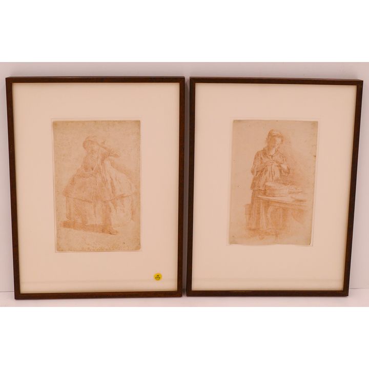 2pc European 17th Century Female Portrait Conte Crayon Drawings Framed- 23x18''