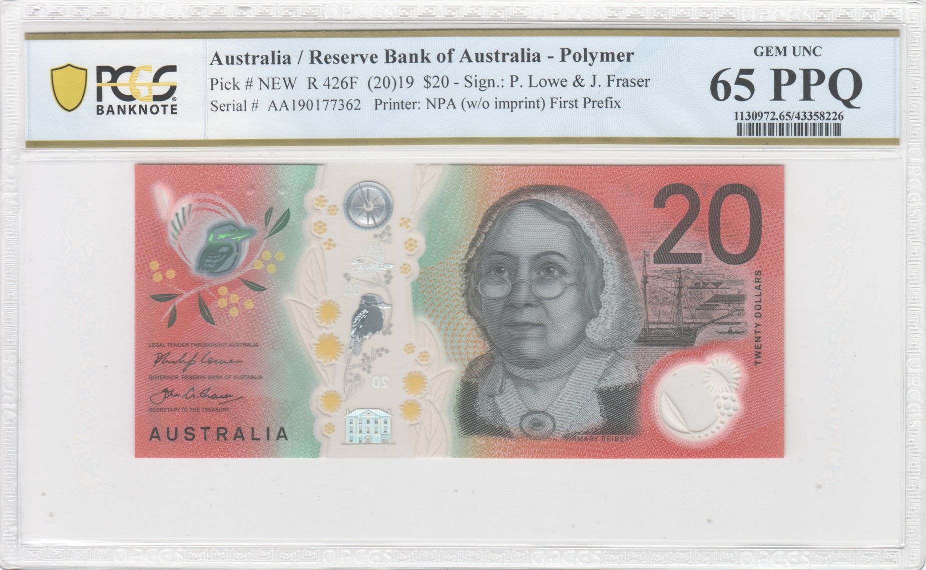 Lowe/Fraser, First Prefix, Twenty Dollar, 2019, PCGS Gem UNC 65 PPQ