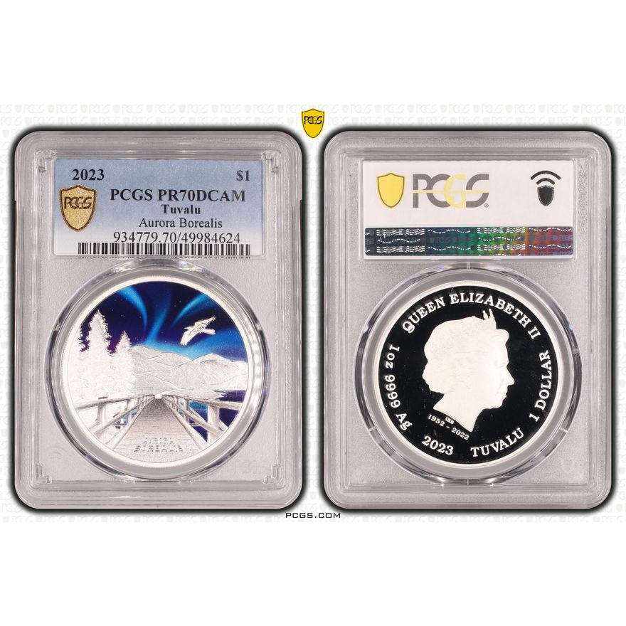 Tuvalu, Aurora Borealis Colorized, POP 9/0, One Dollar, 2023, PCGS PR70DCAM