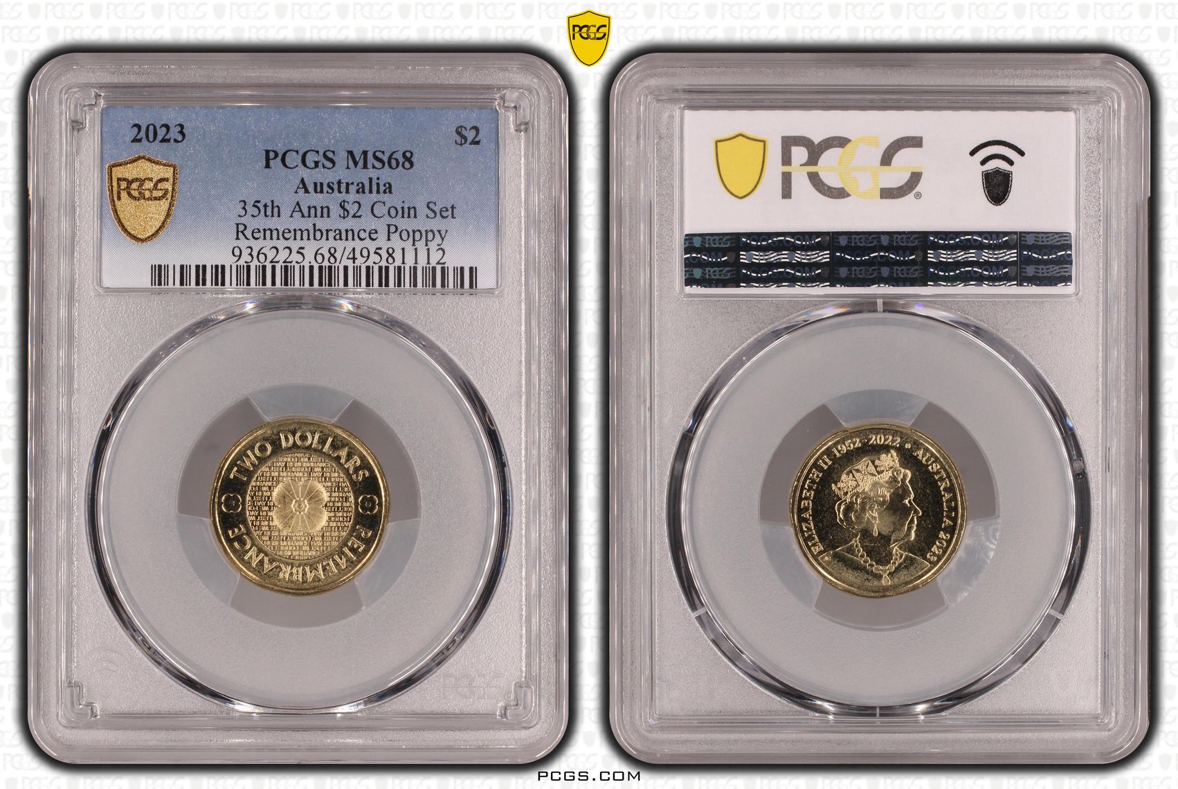 Elizabeth II, 35th Ann $2 Coin Set Remembrance Poppy , Two Dollar, 2023, PCGS MS68