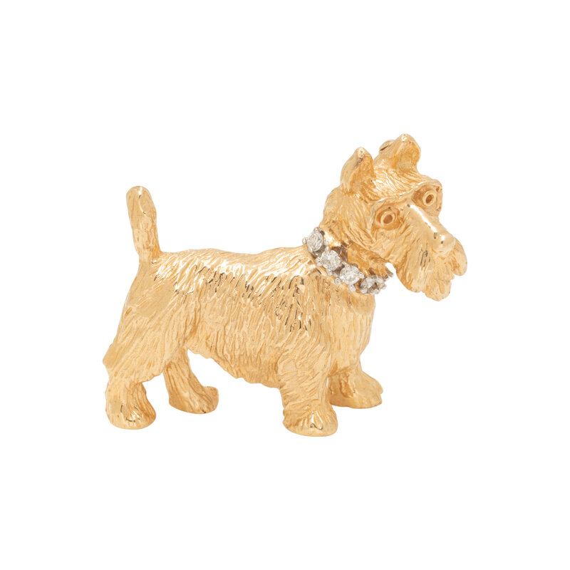 YELLOW GOLD AND DIAMOND SCOTTISH TERRIER DOG BROOCH