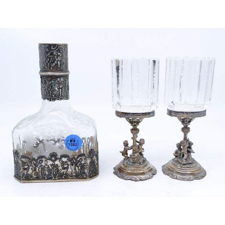 3pc German 800 Silver Mounted Glass Decanter & Match Holders 6'' Approx.