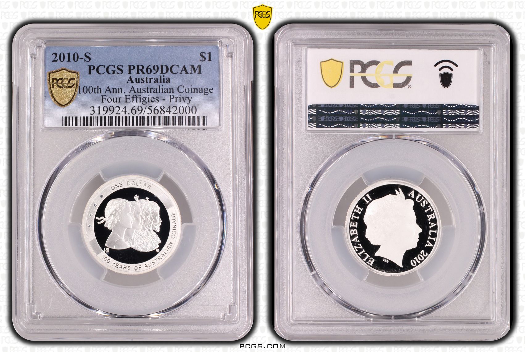 100th Ann. Australian Coinage Four Effigies - Privy, 3/0, One Dollar, 2010-S, PR69DCAM
