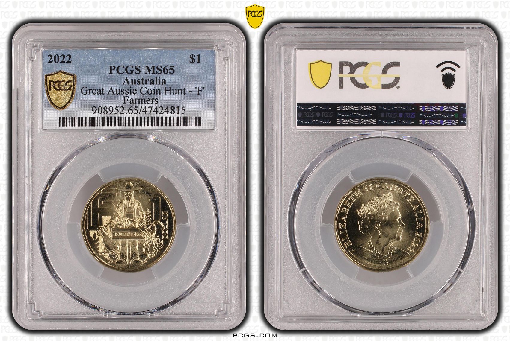 Great Aussie Coin Hunt - 'F', One Dollar, 2022, PCGS MS 65