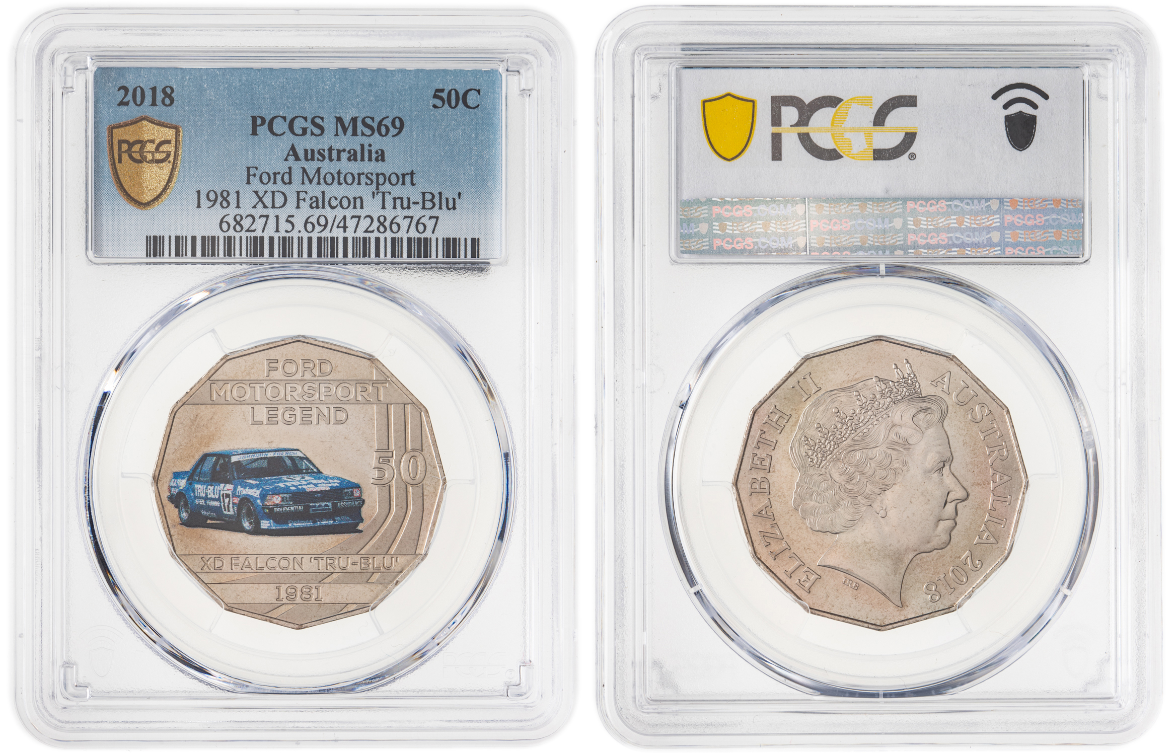 242 · Elizabeth II, Ford Motorsport - 1981 XD Falcon 'Tru-Blu', Fifty Cent, 2018, PCGS MS69