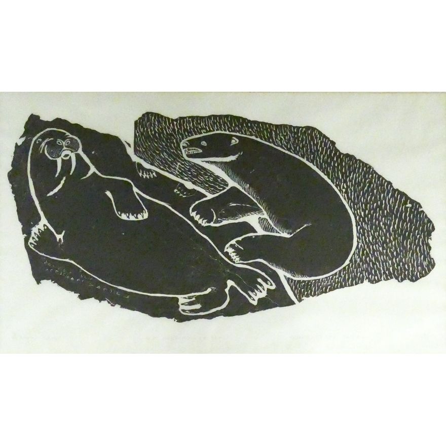 Juanisialu Irqumia ''Polar Bear Hunting Walrus'' 1965 Inuit Stonecut