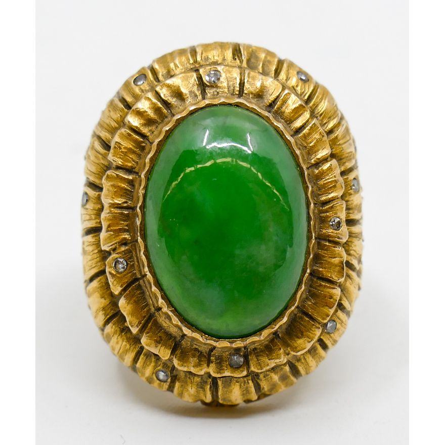 14k Jadeite Cabochon & Diamond Ring Size 6 - 13.8 Grams