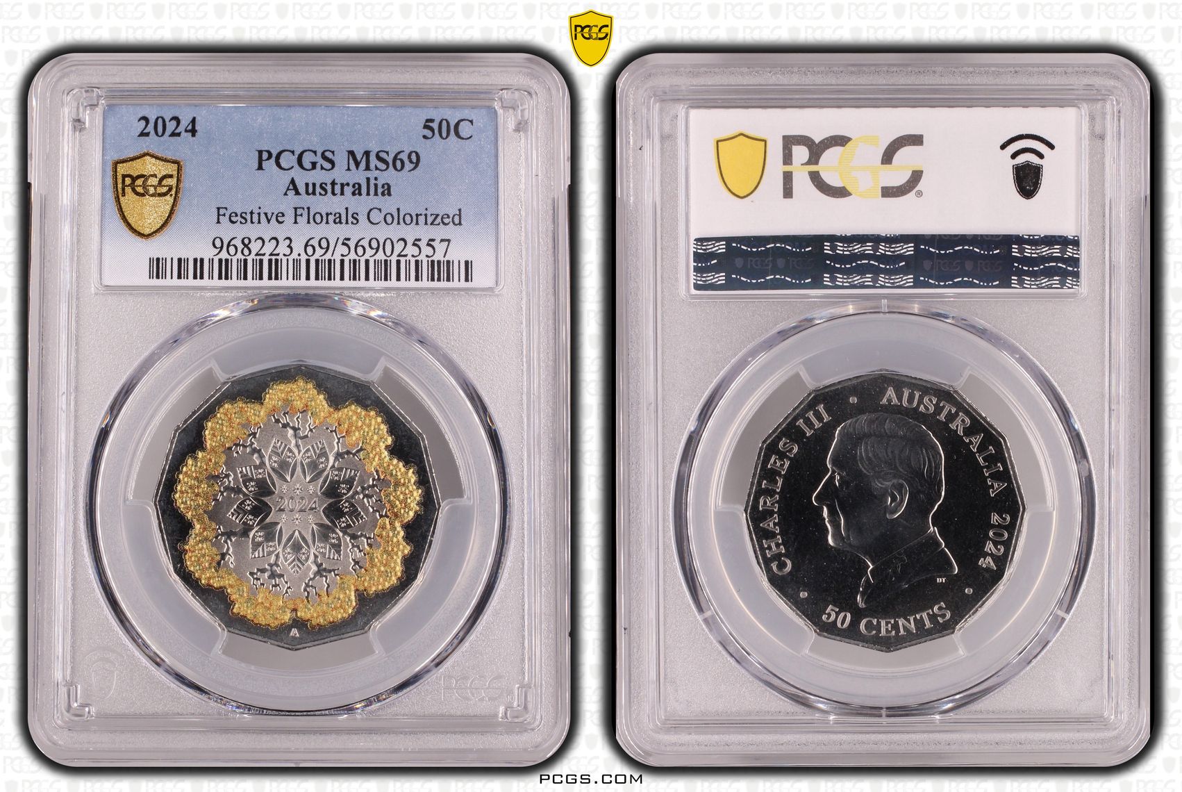 Festive Florals - Christmas Colourised, Fifty Cent, 2024, PCGS MS69