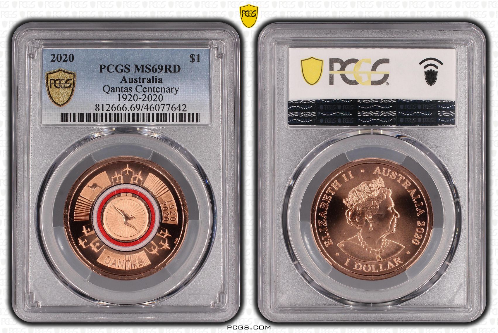 2020 Australia One Dollar, $1 Qantas Centenary 1920-2020 PCGS - MS69RD -642