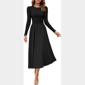 WOMEN'S LONG DRESS MAXI DRESSES HIGH NECK RIBBED TOPS A LINE FLOWY PLEATED BASIC CASUAL DRESS BLACK S