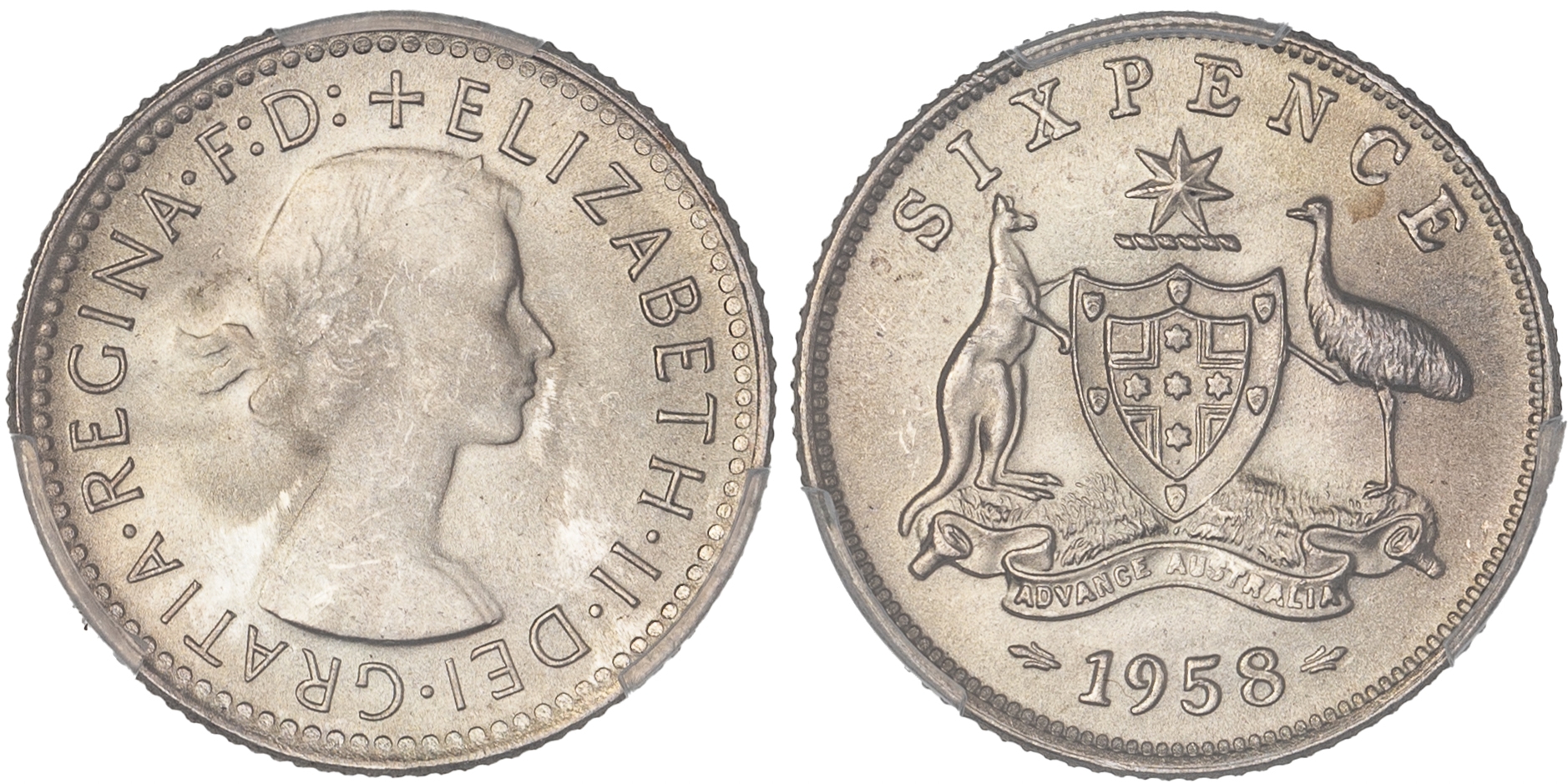 Elizabeth II, Sixpence, 1958, PCGS MS65