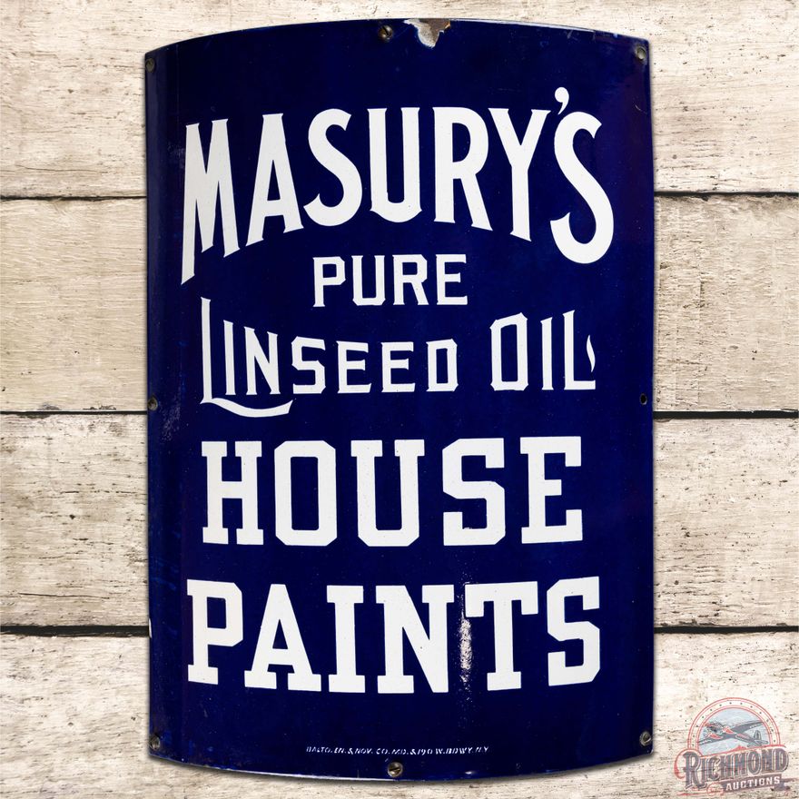 Masury's Pure Linseed Oil House Paints Curved SS Porcelain Sign