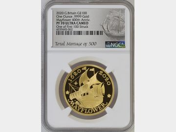 2020 ELIZABETH II 'MAYFLOWER' GOLD 1oz PROOF 100 POUND COIN PF70 UCAM