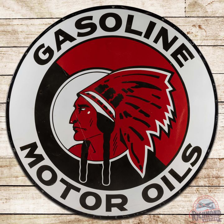 Red Indian Gasoline Motor Oils 60" SS Porcelain Sign w/ Native American