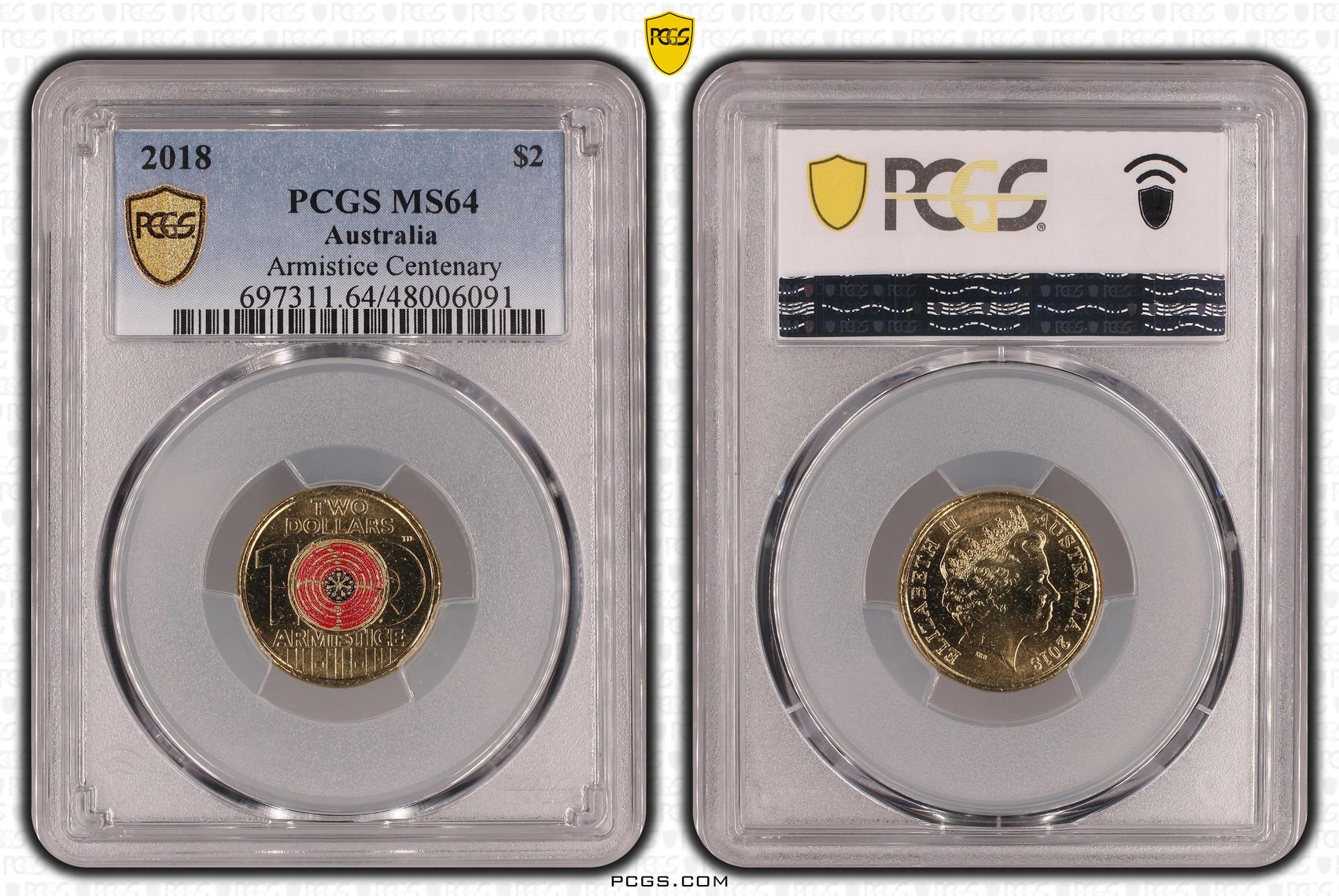 Armistice Centenary Colourised, Two Dollar, 2018, PCGS MS64