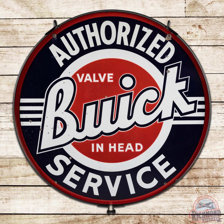 Buick Valve in Head Authorized Service 42" Double Sided Porcelain Sign w/ Ring