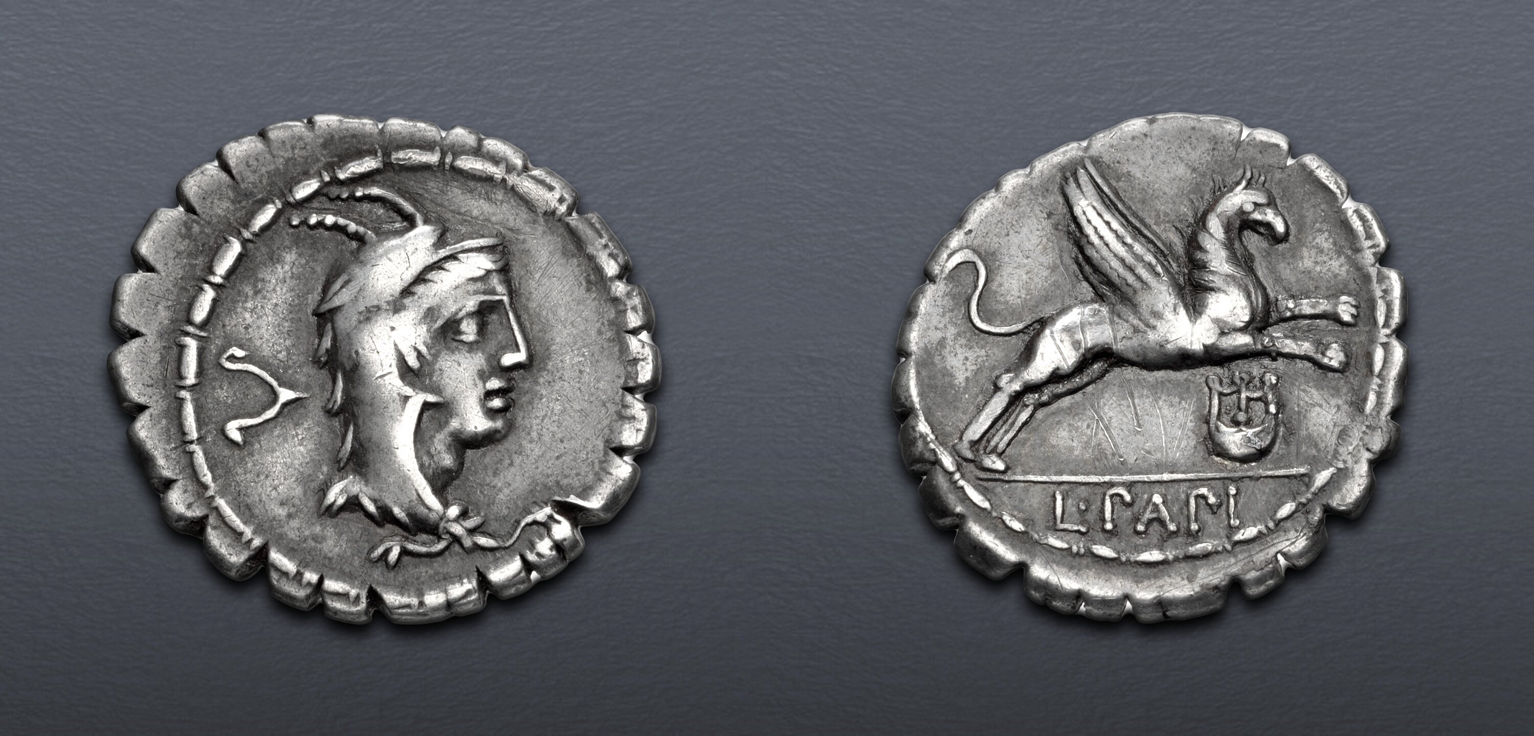 L. Papius. 79 BC. AR Serrate Denarius (19.5mm, 3.63 g, 12h). Rome mint ...