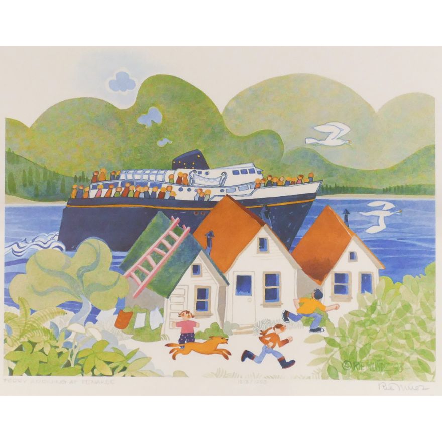 Rie Munoz ''Ferry Arriving At Tenakee'' 1993 Signed Print. Framed 14.5'' x 17.75''