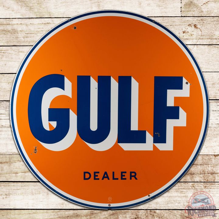 Gulf Gasoline Dealer Service Station 6' Double Sided Porcelain Sign
