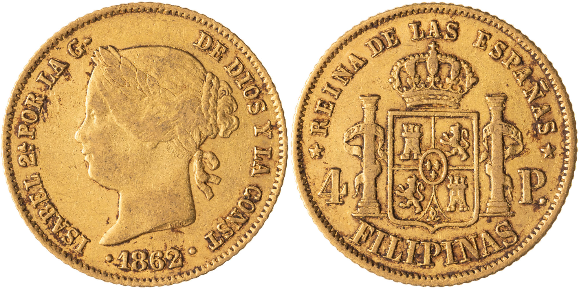 Philippines, Isabella II, Four Pesos, 1862, Fine