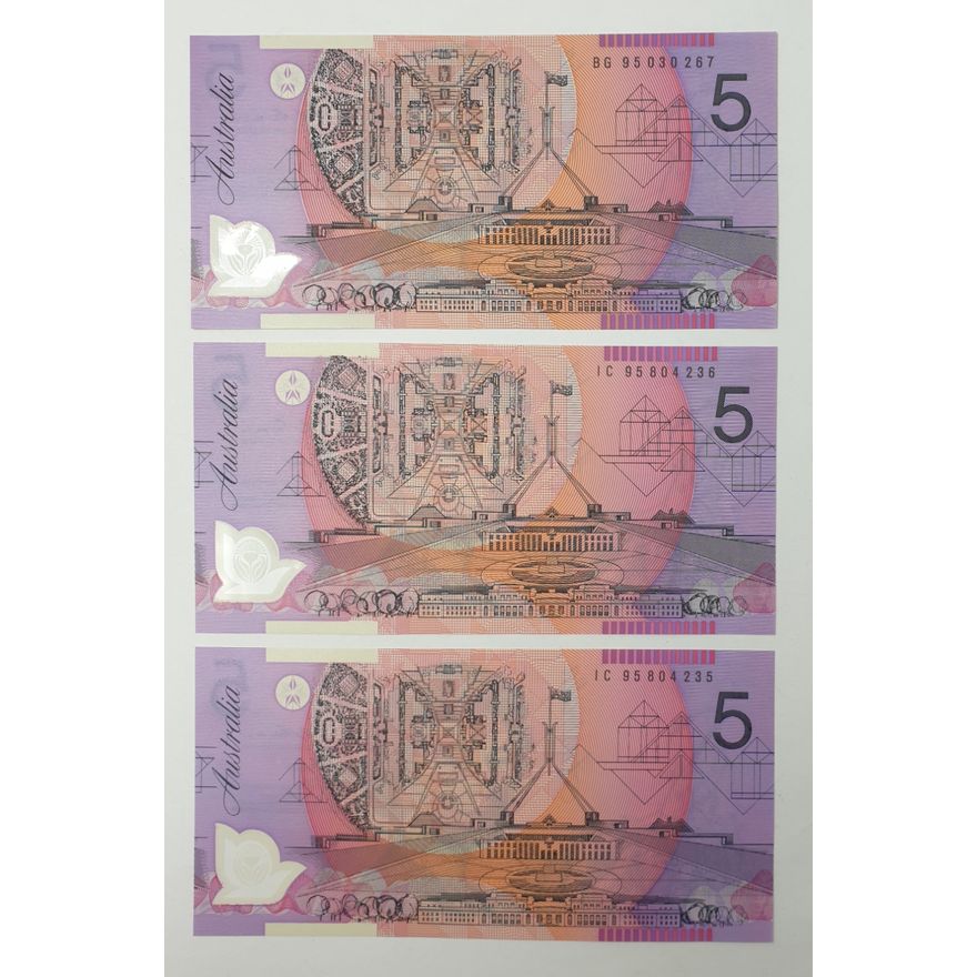 Aus. F/E $5 Notes (x3)
