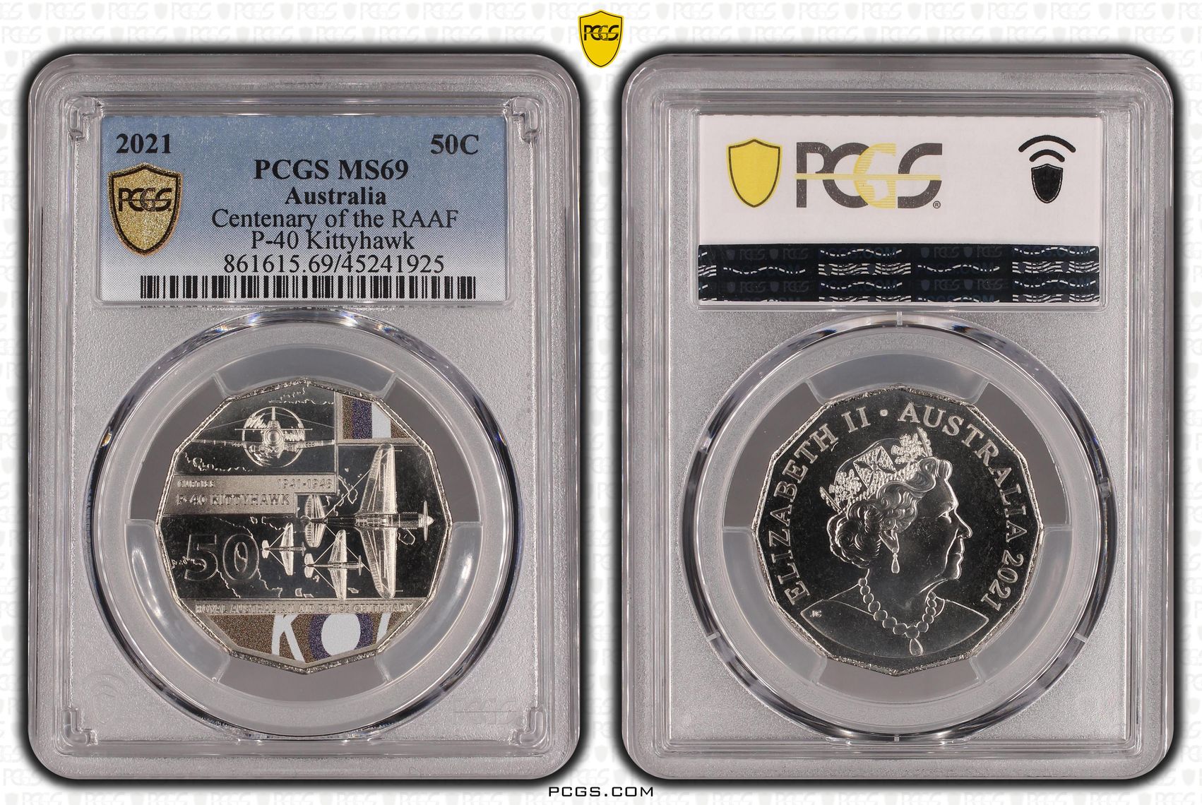 2021 Australia Fifty Cent, 50c Centenary of the RAAF P-40 Kittyhawk PCGS - MS69 POP 13/0 -925