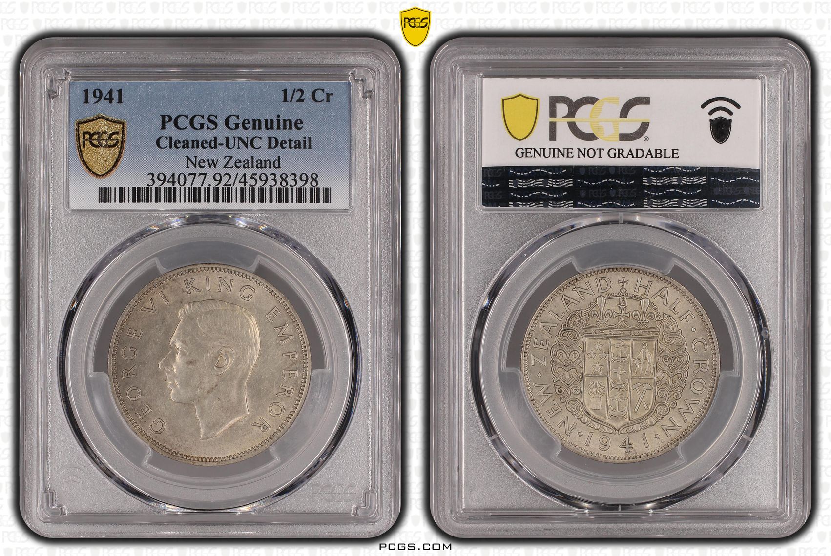 1941 New Zealand 1/2 Crown PCGS - Genuine - UNC Details (92 - Cleaned) -398