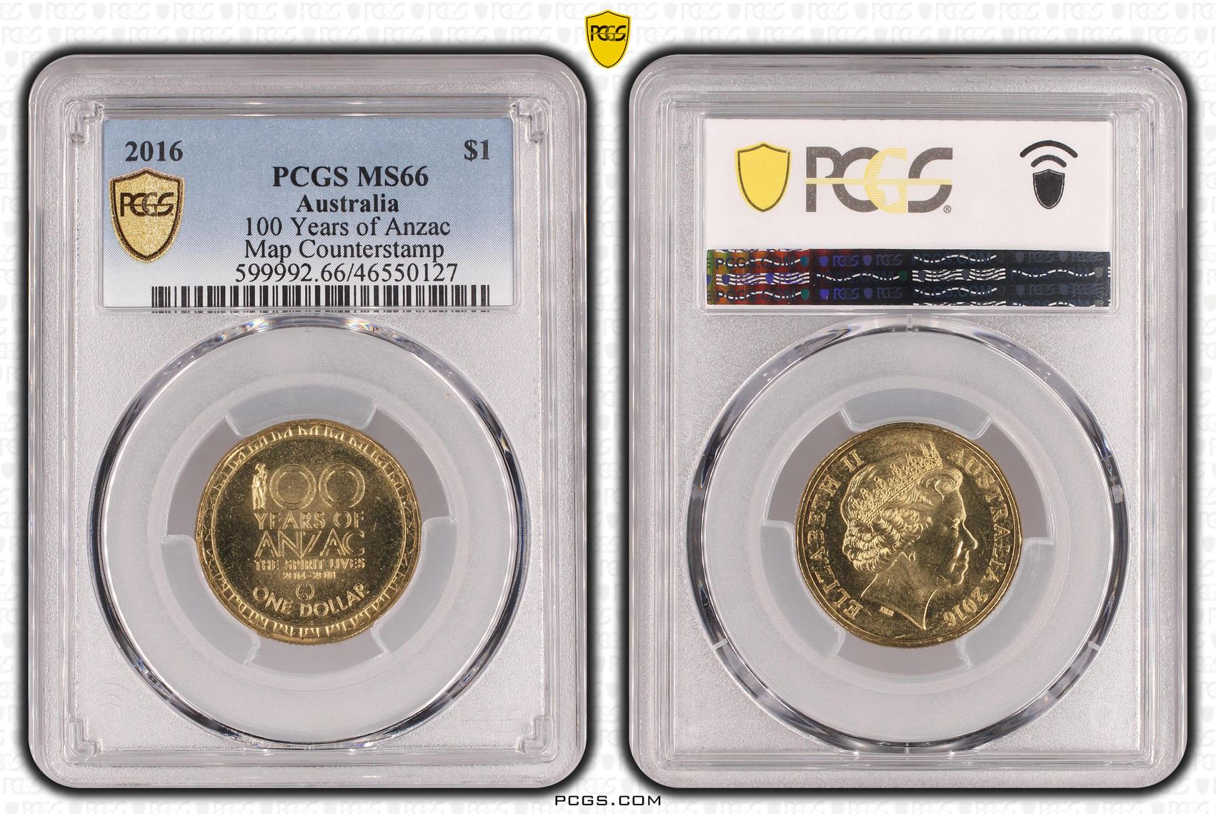 100 Years of Anzac, Map Counterstamp, One Dollar, 2016, PCGS MS 66