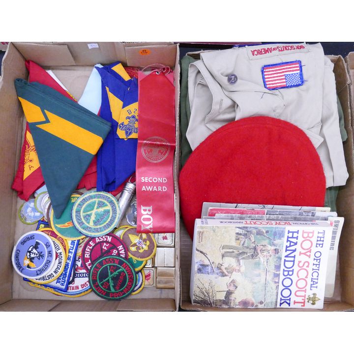 2 Boxes Boy Scout Items- Patches, Uniforms, Etc