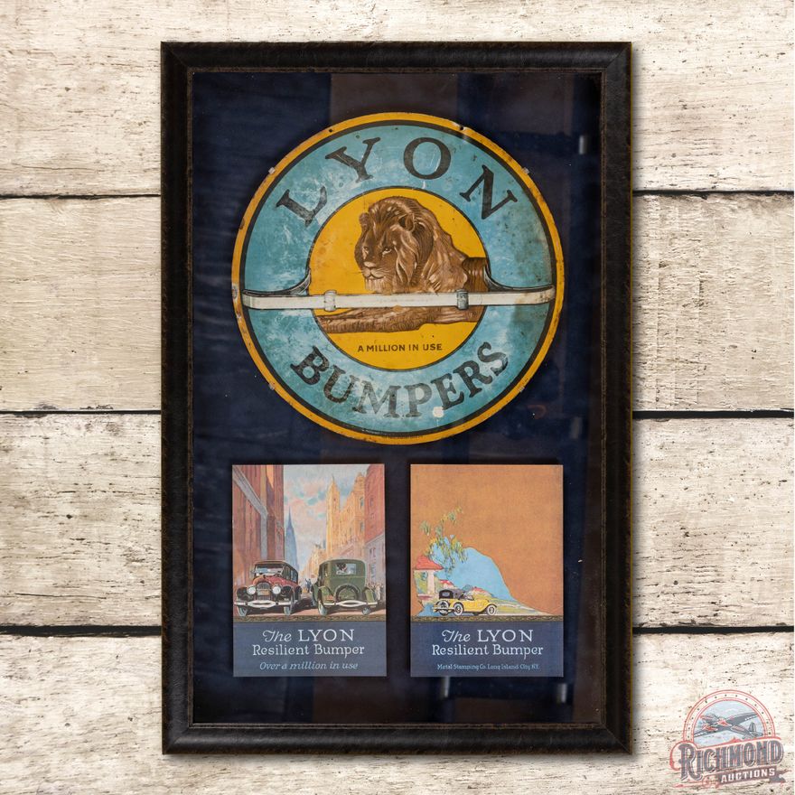 Early 14" Lyon Bumpers Tin Sign & Shadowbox TAC 7.25