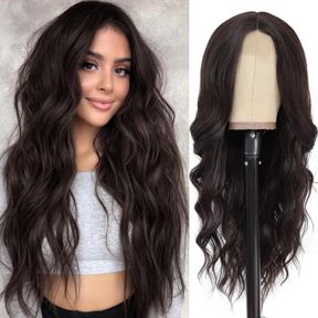 NAYOO LONG WAVY WIGS FOR WOMEN DARK BROWN MIDDLE PART WIG SYNTHETIC HEAT RESISTANT FIBER WOMEN WIGS FOR DAILY PARTY USE 26 INCH (D