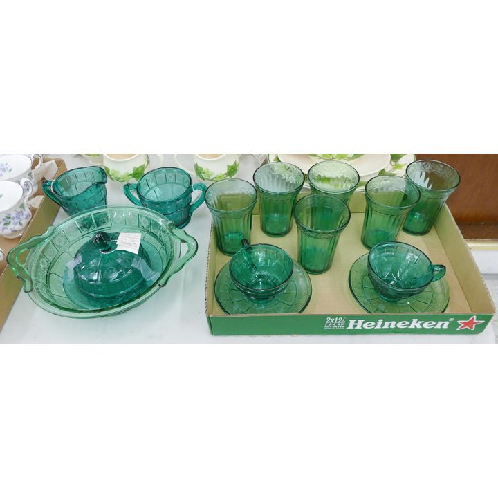 12pc Vintage Green & Teal Floral Glassware