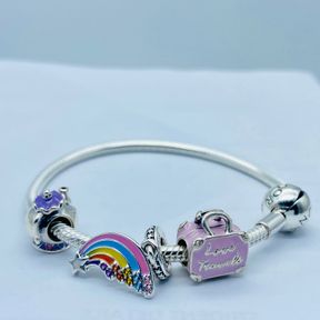 ORIGINAL PANDORA MOMENTS SILVER CLASP BRACELET WITH 3 PLAYFUL MULTI COLOR CHARMS.23.5G