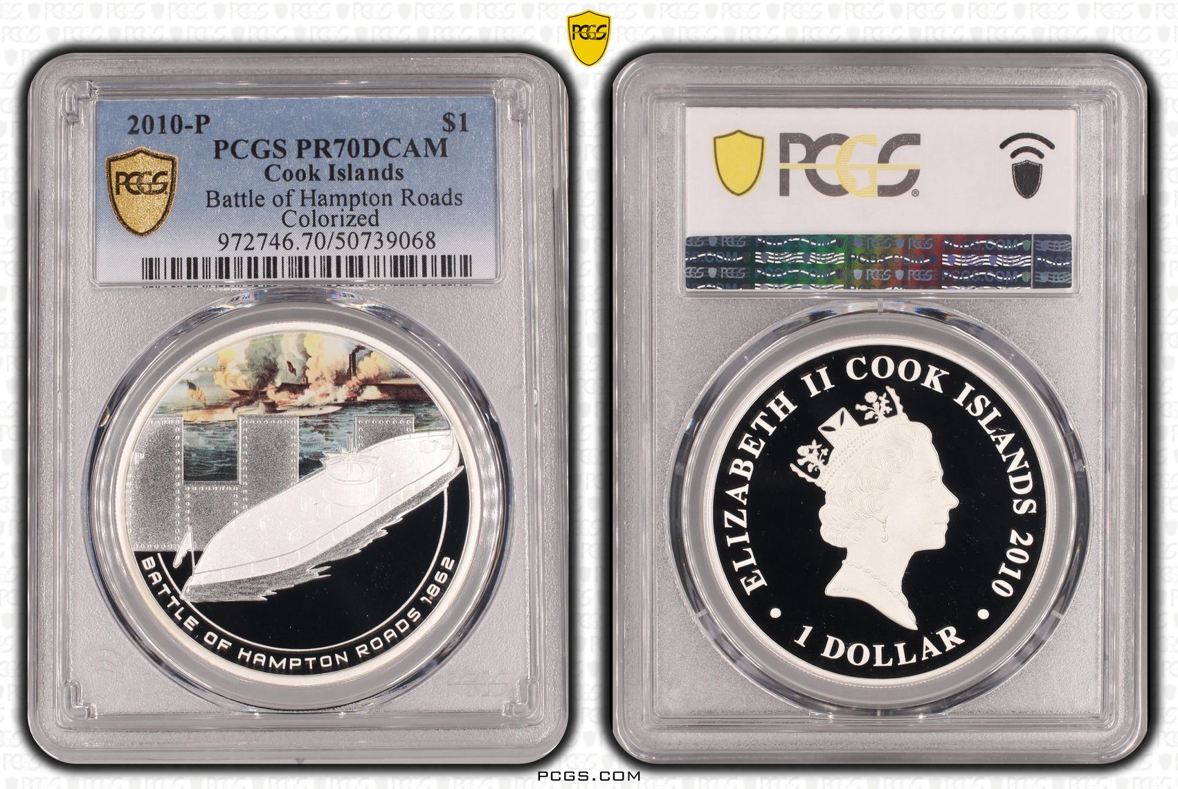Cook Islands, Battle of Hampton Roads Colorized POP 5/0, One Dollar, 2010-P, PCGS PR70DCAM