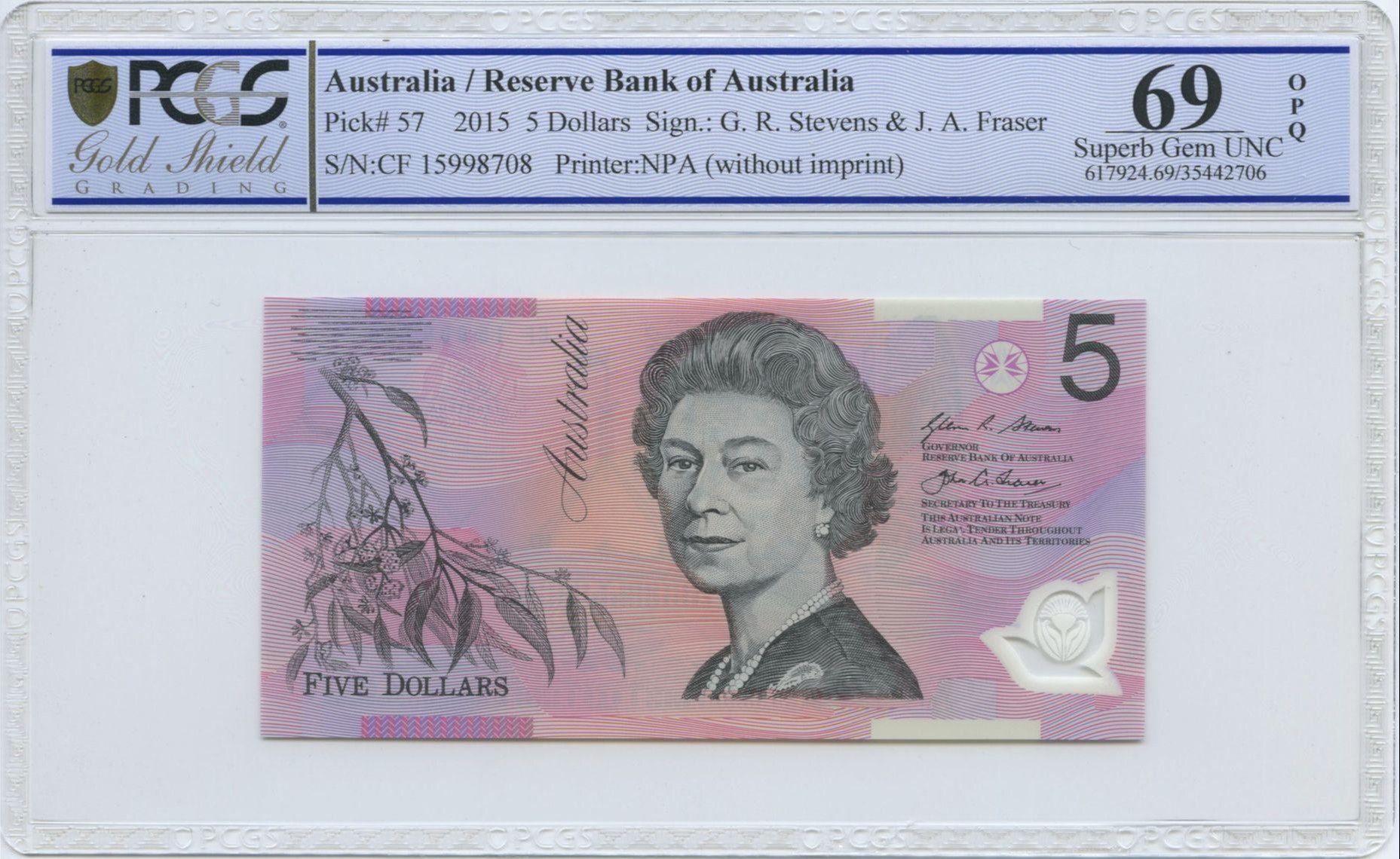 154 · RBA, Polymer, NPA (w/o imprint), Sign.: G.R. Stevens & J.A. Fraser, Five Dollar, 2015, PCGS - Superb Gem UNC 69 PPQ