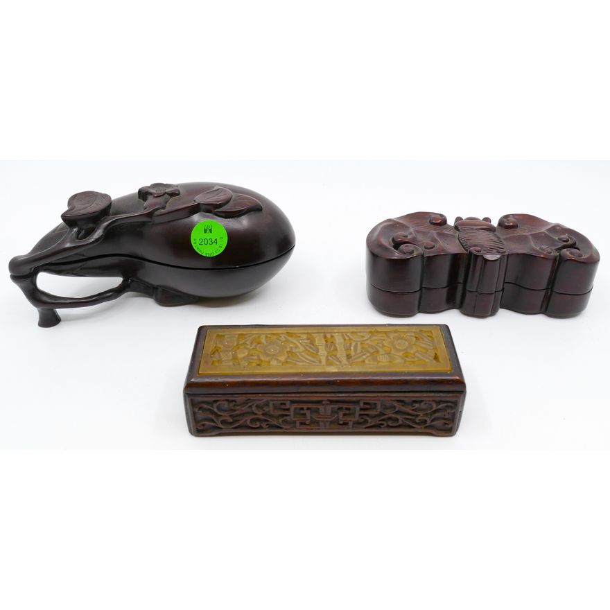 3pc Old Chinese Rosewood Boxes 5'' to 6'' - Figural bat and melon