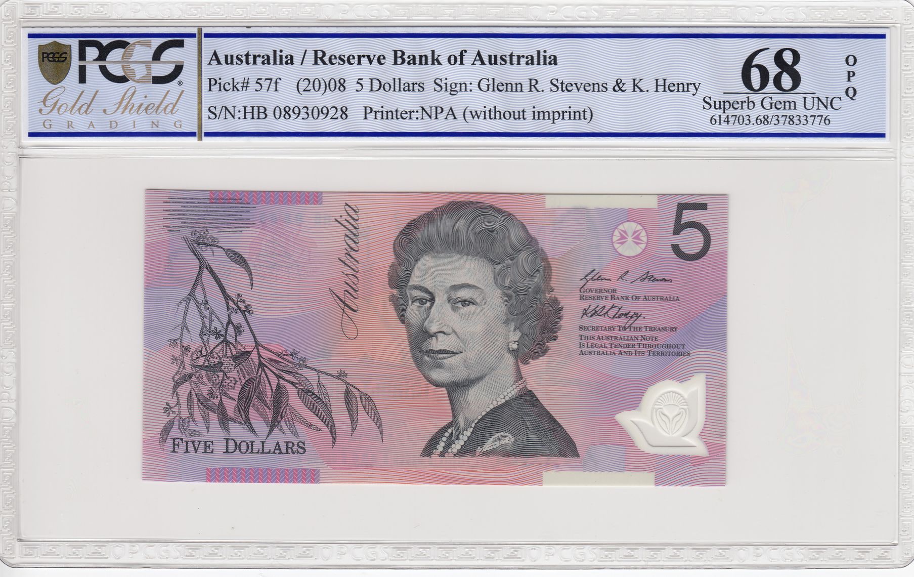 Stevens/Henry, Five Dollar, 2008, PCGS Superb Gem UNC 68 PPQ
