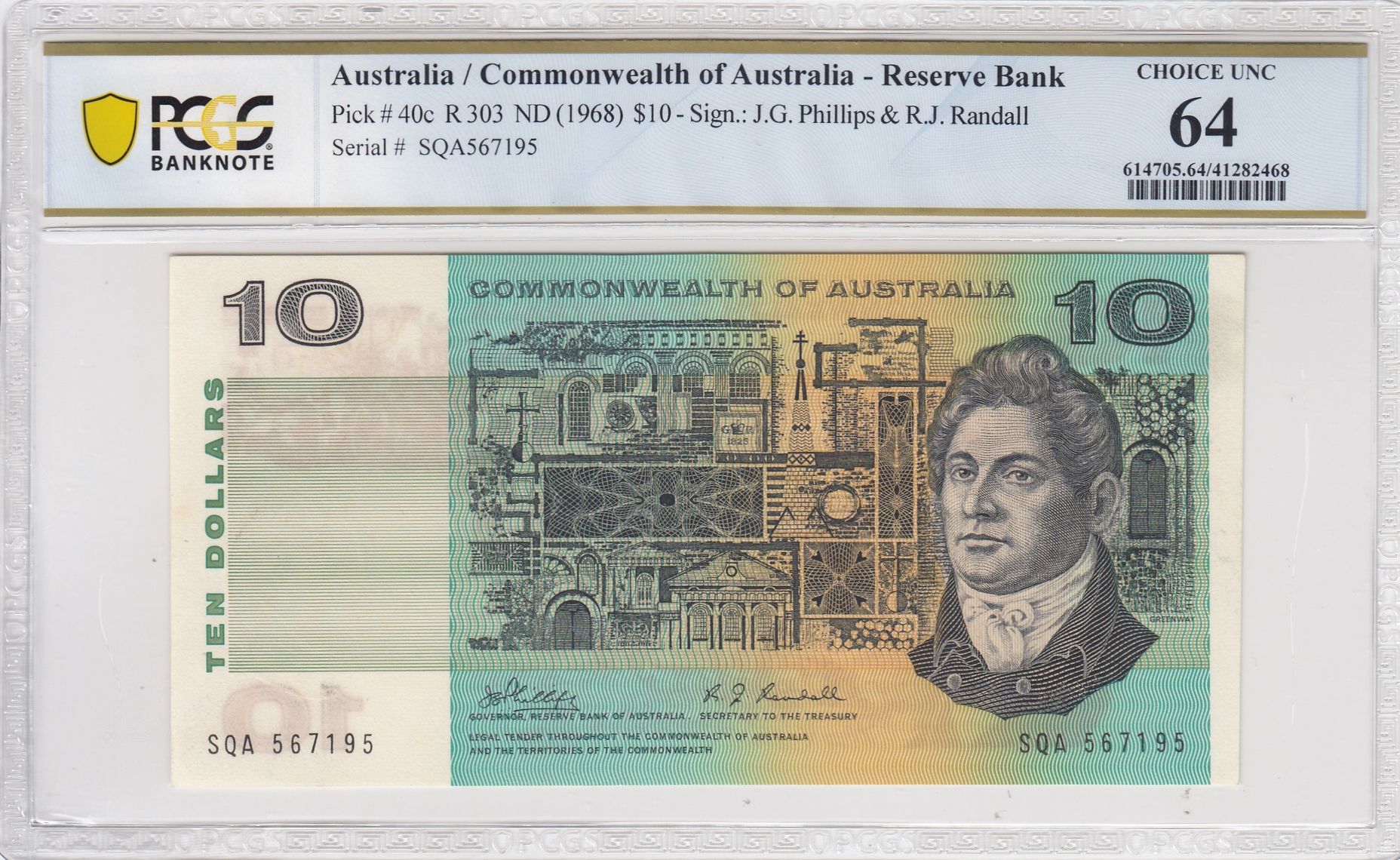 1968 Australia $10 Banknote Phillips/Randall Choice UNC 64 PCGS