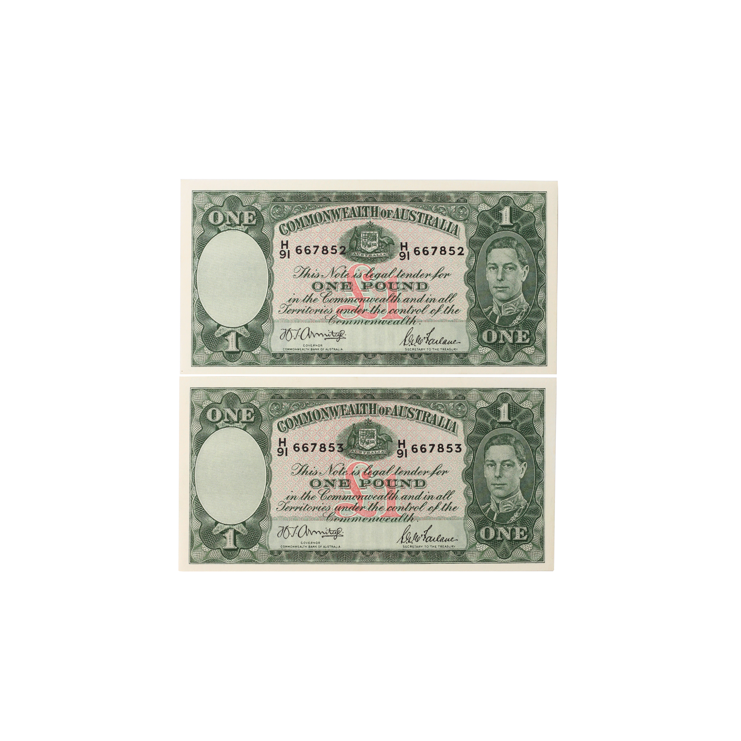 1887. · Consecutive Pair, Armitage/McFarlane,  One Pound, 1942, aUNC
