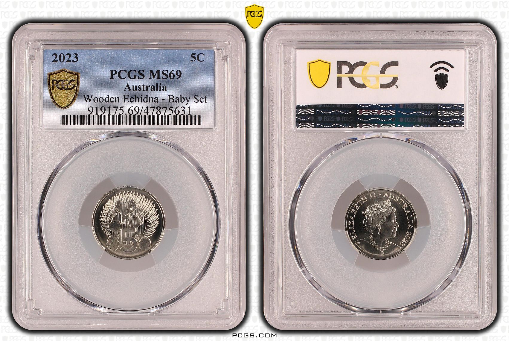Wooden Echidna - Baby Set , Five Cent, 2023, PCGS MS69