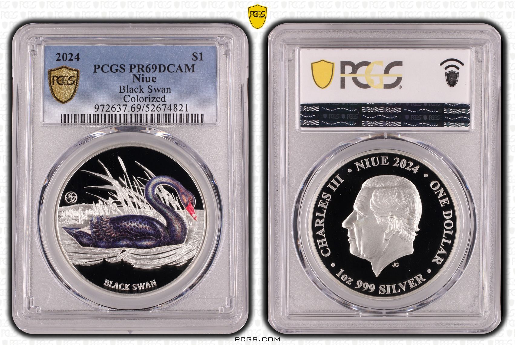 230 · Niue, Black Swan Colourised, One Dollar, 2024, PCGS PR69DCAM