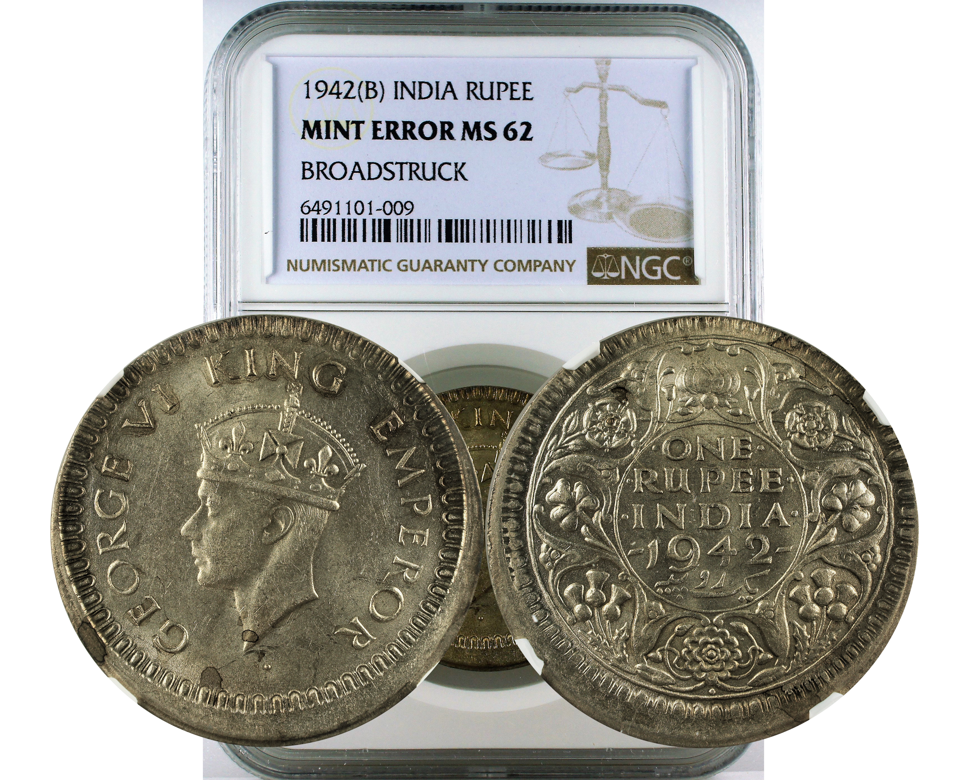 1942(B) INDIA RUPEE MS 62 - MINT ERROR BROADSTRUCK