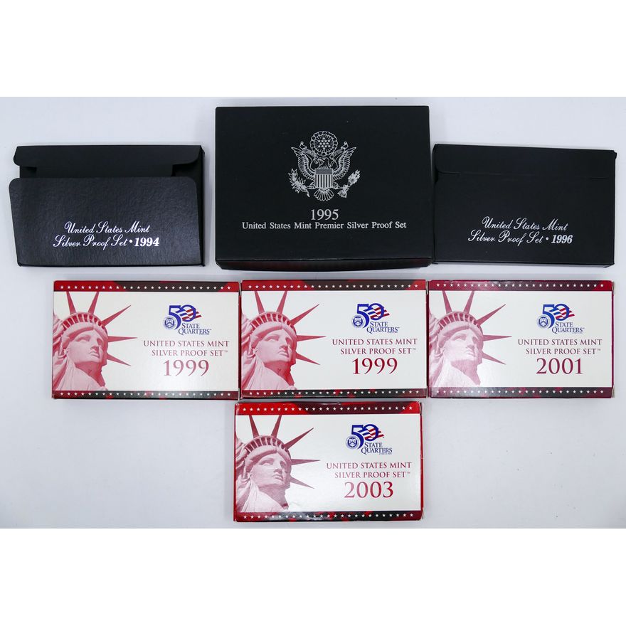 Box 7pc US Mint Silver Proof Sets 1994-2003