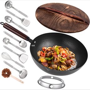 12.8" CARBON STEEL WOK - 11PCS WOKS & STIR FRY PANS WOK PAN WITH LID, NO CHEMICAL COATED CHINESE WOK WITH 10 COOKWARE ACCESSORIES,