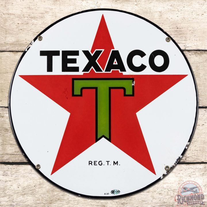 1936 Texaco Motor Oils 15" Single Sided Porcelain Sign "Black T"