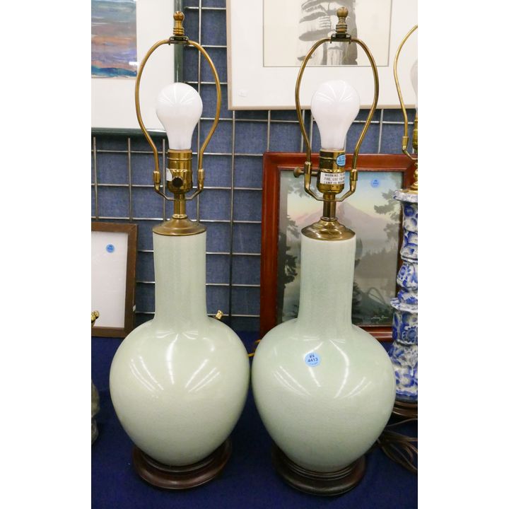 Pair Asian Style Celadon Vase Table Lamps 24.5''