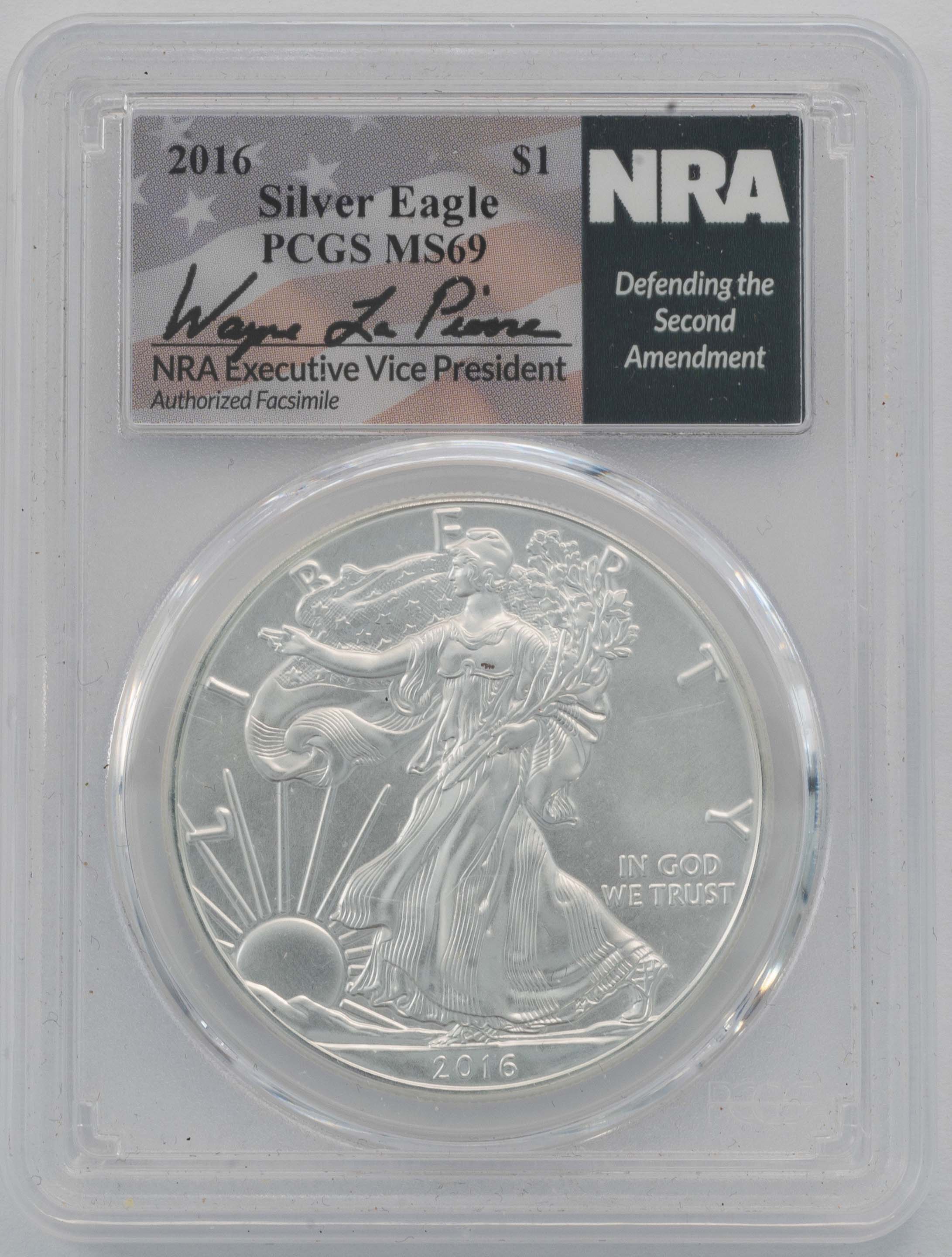 2016 Silver Eagle PCGS MS69 Wayne LaPierre Signed - NRA Label