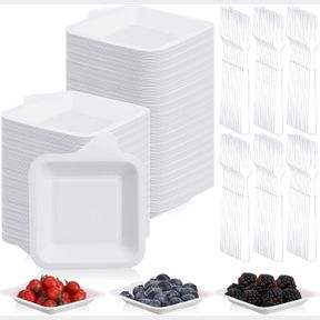 EAASTY 400 PCS SMALL PAPER PLATES 4 INCH WITH PLASTIC FORKS DESSERT PLATES DISPOSABLE SQUARE PLATES AND WHITE CLEAR FORK SET COMPO