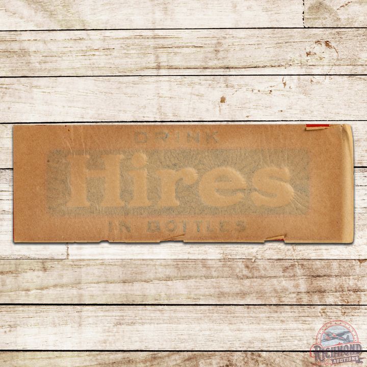 NOS Drink Hires in Bottles Emb. Single Sided Tin Sign w/ Paper