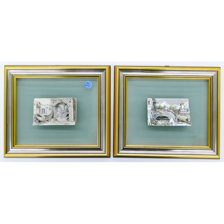 Pair De Marco Sterling Clad Town Scene Sculptures Mounted 9'' x 10''